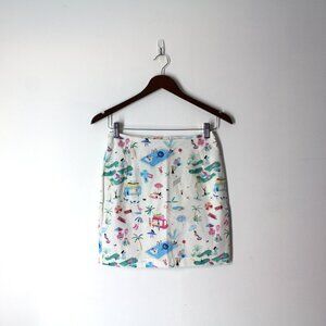 Love, Lilly size 00 Mini a-line skirt white summer fun beach scene print cotton